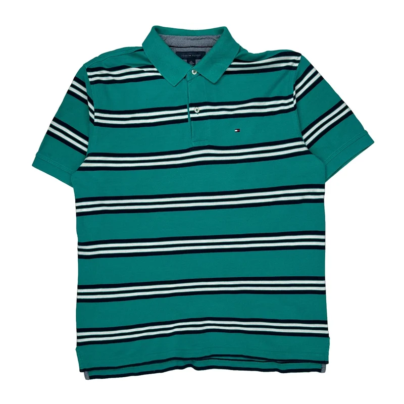 Tommy Hilfiger Striped Polo Shirt - Large Green Cotton