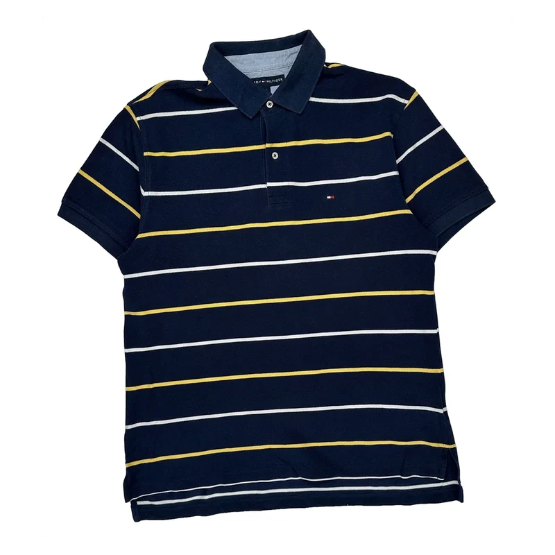 Tommy Hilfiger Striped Polo Shirt - Large Navy Cotton