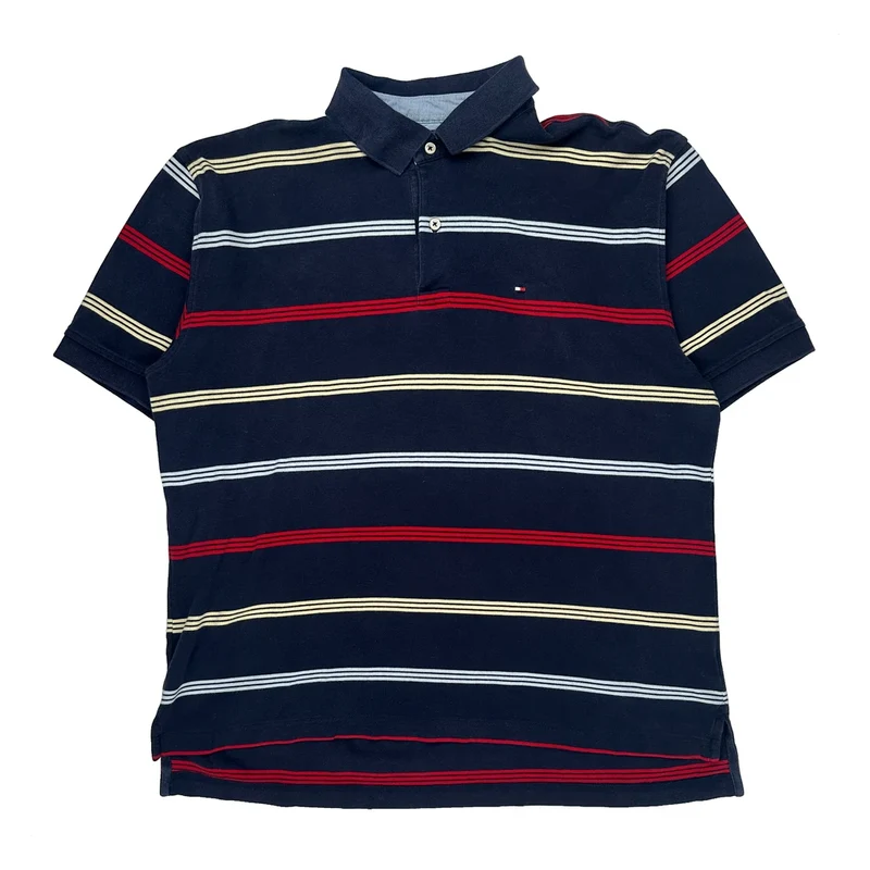Tommy Hilfiger Striped Polo Shirt - Large Navy Cotton