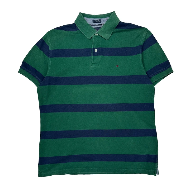 Tommy Hilfiger Striped Polo Shirt - Large Green Cotton
