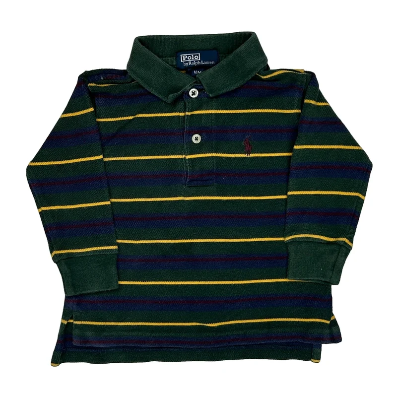 Age 12 Months Polo By Ralph Lauren Striped Polo Shirt - 3XS Green Cotton